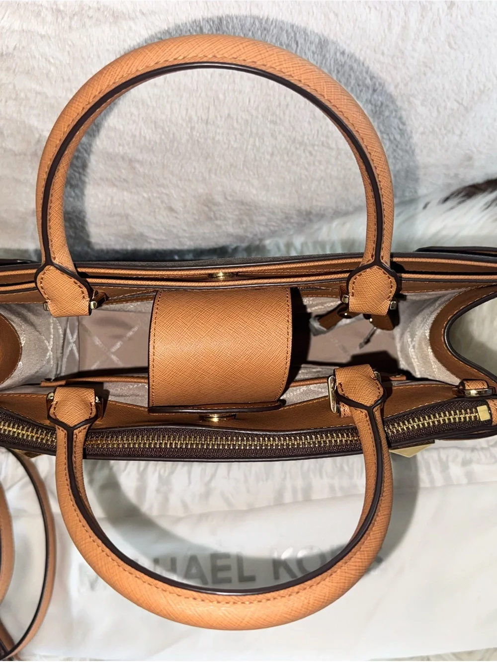 Michael Kors Brown & Tan Logo-Print Satchel with Gold Hardware